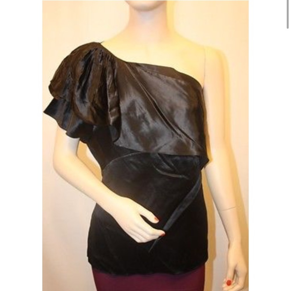 BCBGMaxAzria Silk One Shoulder Pleated Flounce Top